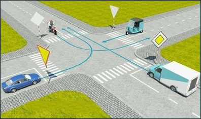 Câu hỏi 16: Thứ tự các xe đi như thế nào là đúng quy tắc giao thông?